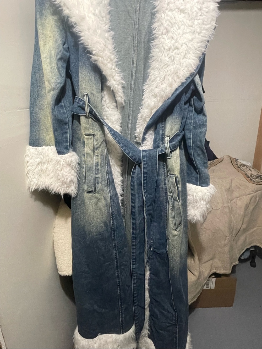 Blue Denim Trench Coat with White Faux Shearling Trim